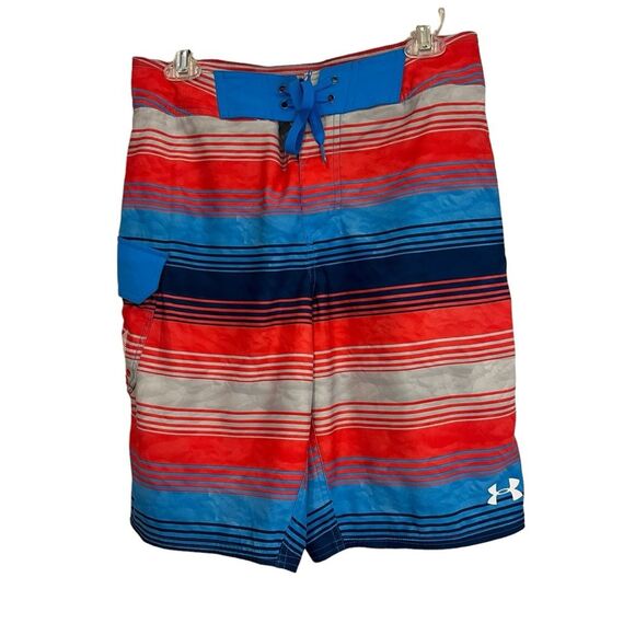 Under Armour Storm1 Mens Size 30 Striped Board Shorts Loose Blue Gray Red Trunks - Picture 1 of 11